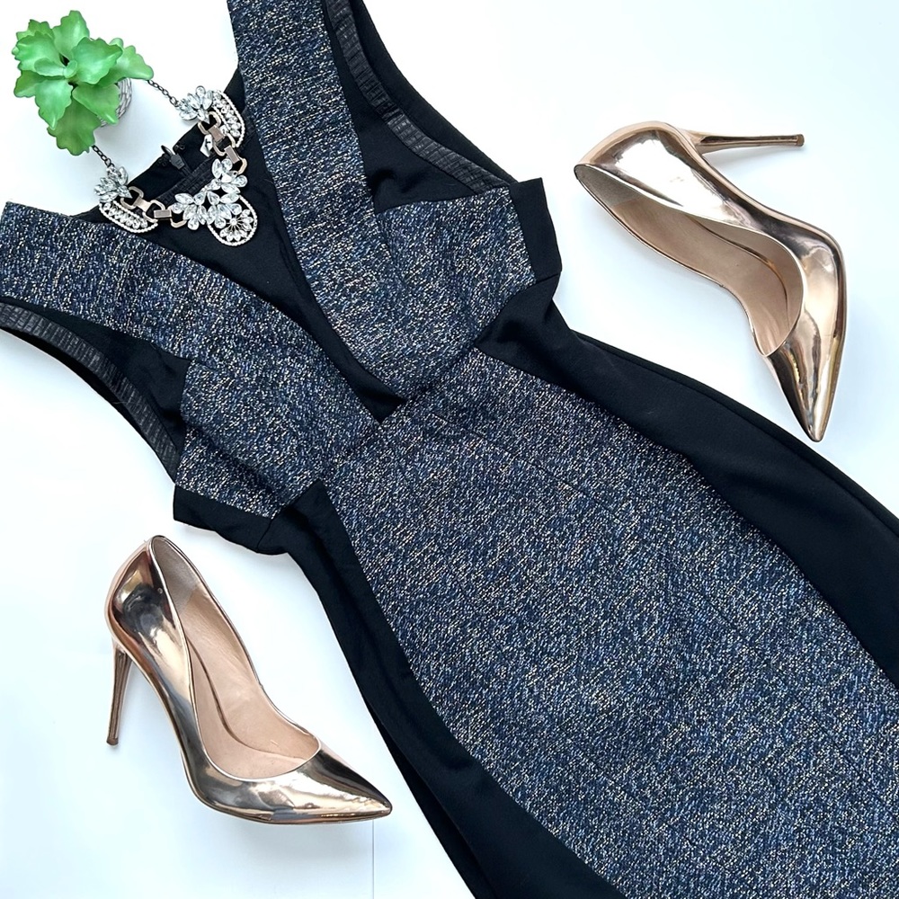 Yoana Baraschi Sleeveless Sheath Dress Metallic Tweed Midnight Gold Size 8 NWT